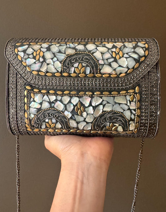 Artisan-Made Mother of Pearl and Metal Clutch - Elegant Bohemian Mosaic Purse with Detachable Chain for Evening and Formal Events