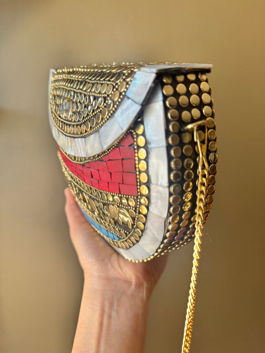 Bohemian Chic Mother-of-Pearl Mosaic Clutch with Vintage Accents - Vintage Inspired Evening Handbag