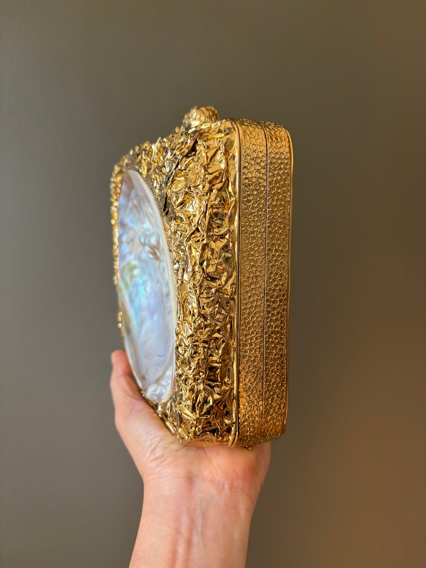 Sculpted Gold Textured Clutch With Authentic Abalone Shell Centerpiece
