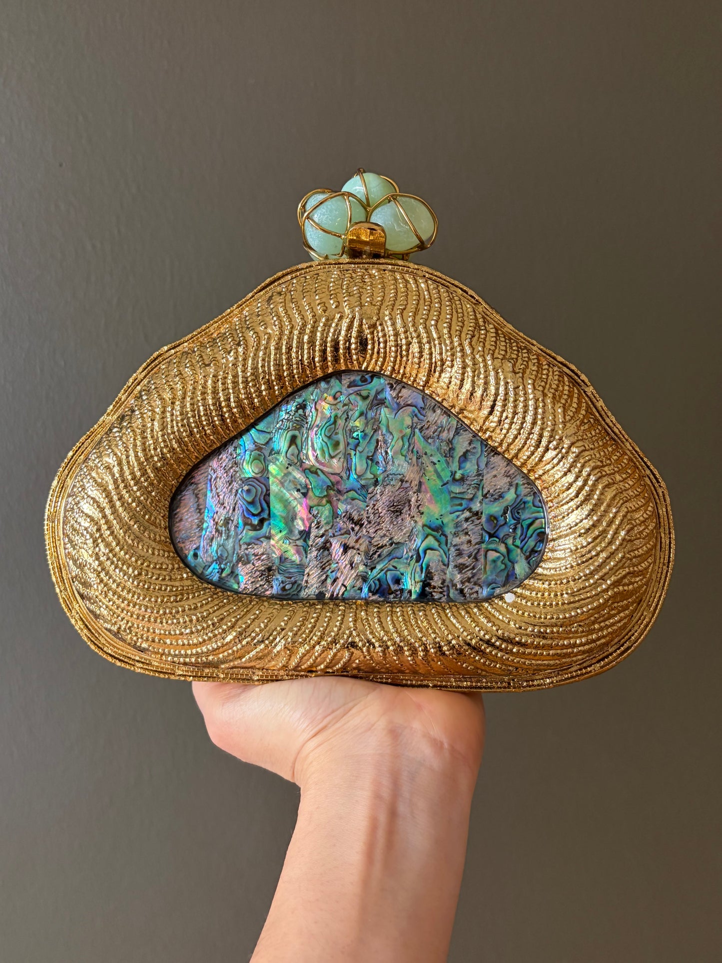 Gold Shell Clutch | Abalone Inlay, Aqua Stone Clasp Evening Bag