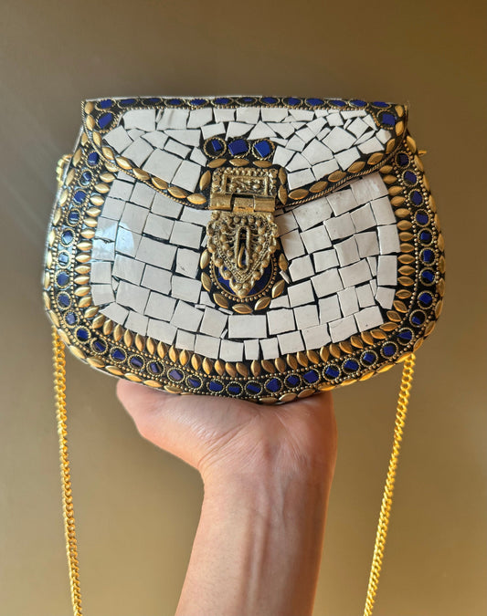 Handcrafted Mosaic Evening Clutch with Vintage Charm and Golden Chain Strap, Elegant Evening Bag, Boho Mosaic Clutch with Retro Charm, Luxe