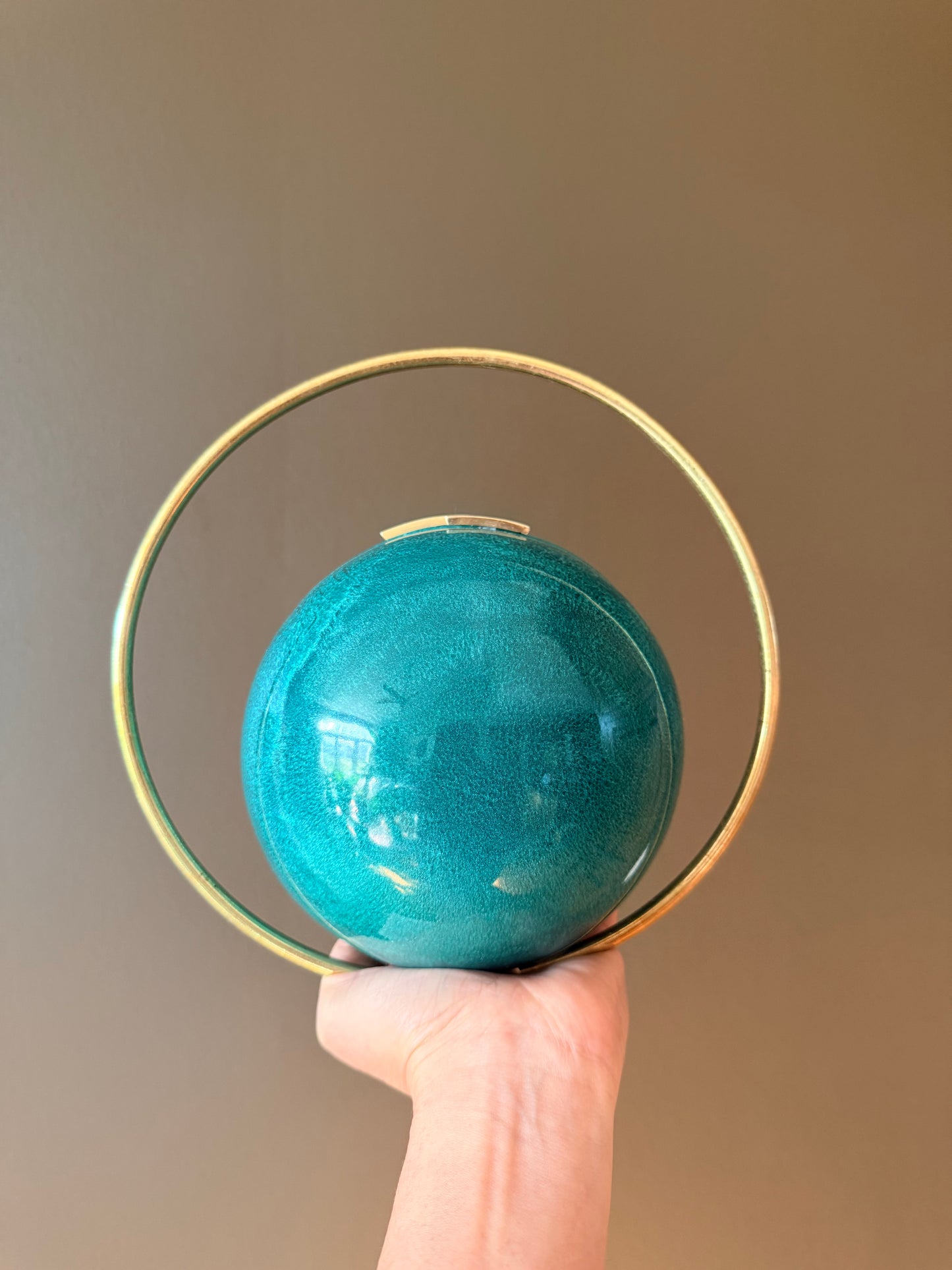 Handmade Turquoise Sphere Clutch with Gold Halo Handle | Round Evening Bag | Unique Statement Purse | Wedding Party Clutch | Gift for Her