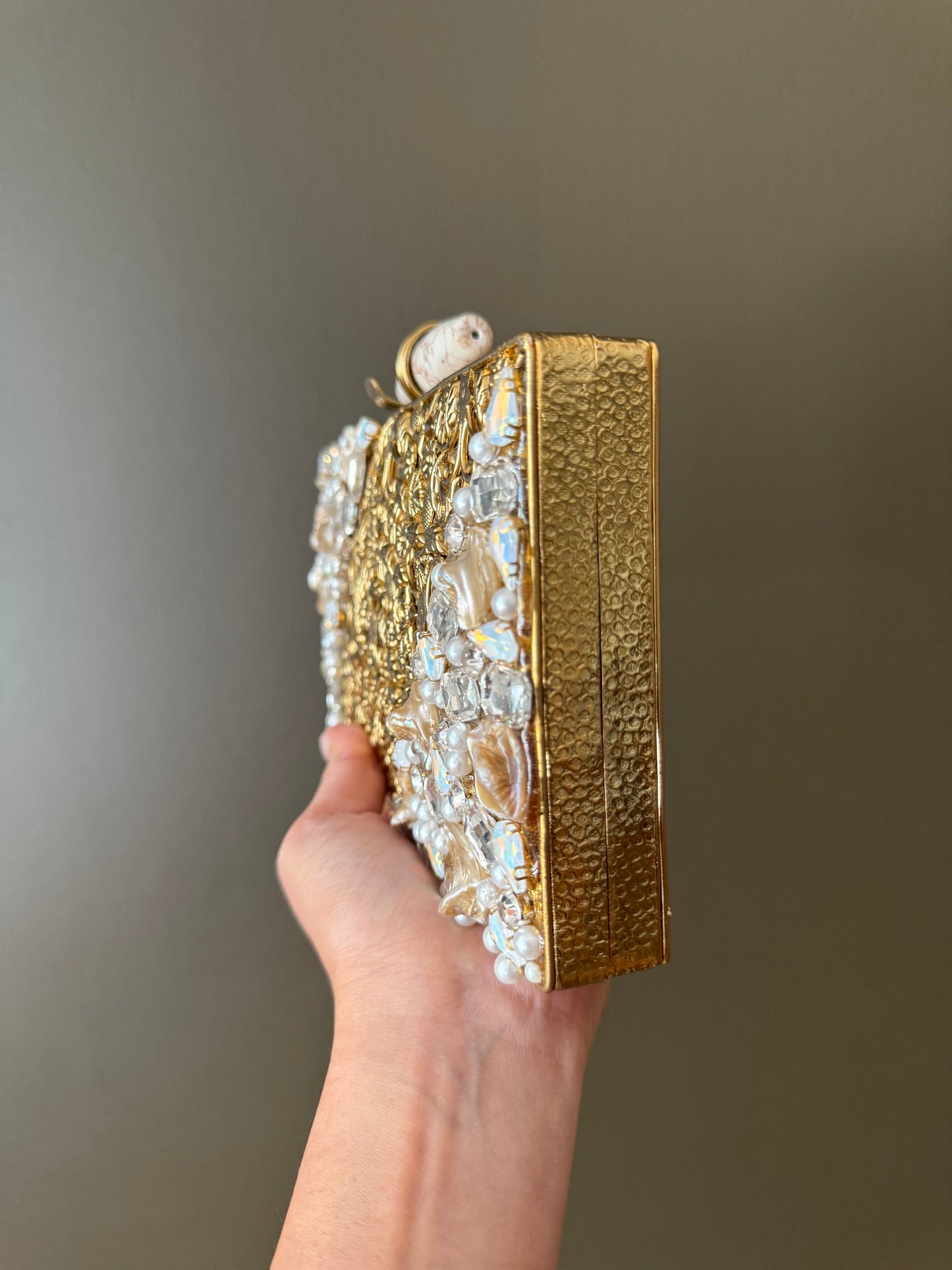 Gold Floral Couture Clutch With Pearls, Crystals & Marble Bar Clasp
