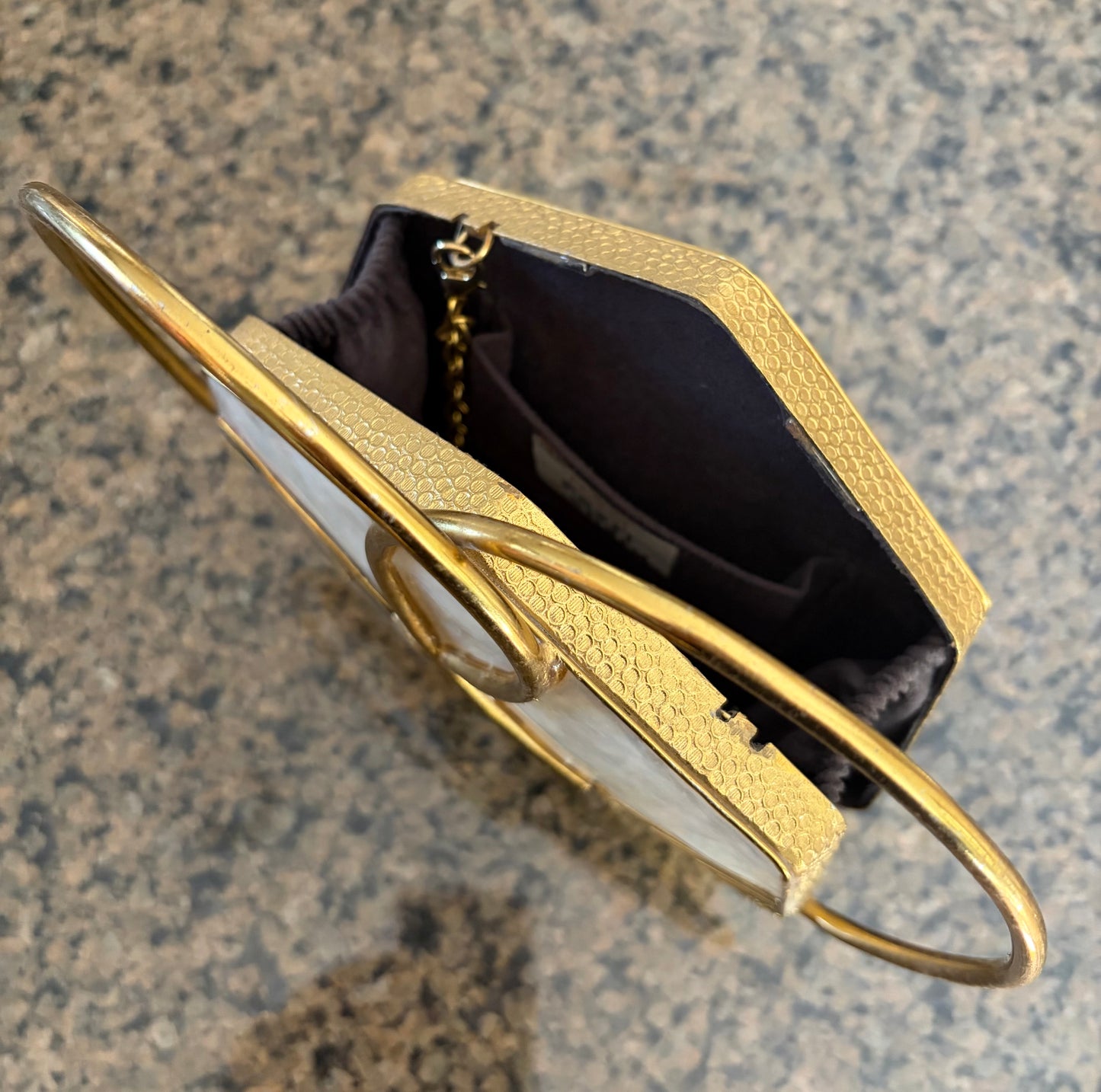 Art Deco Mother-of-Pearl Hexagon Clutch With Dual Gold Rings & Abalone Inlay