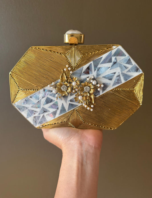 Luxury Gold Mother of Pearl Clutch | Handmade Evening Bag | Bridal Purse | Wedding, Party Handbag with Chain Strap & Gemstone Clasp. LAST PC