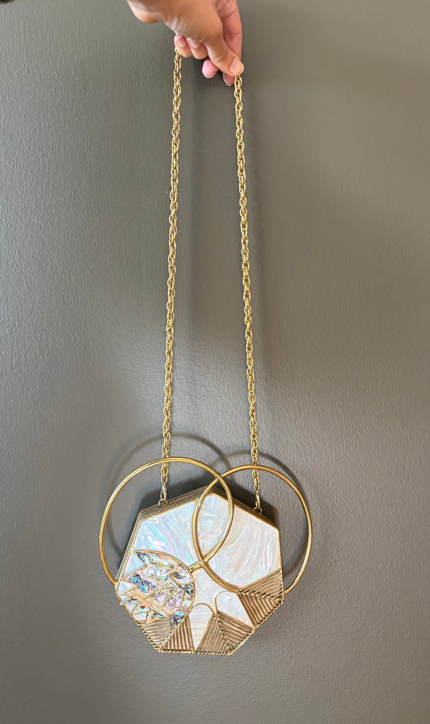 Art Deco Mother-of-Pearl Hexagon Clutch With Dual Gold Rings & Abalone Inlay