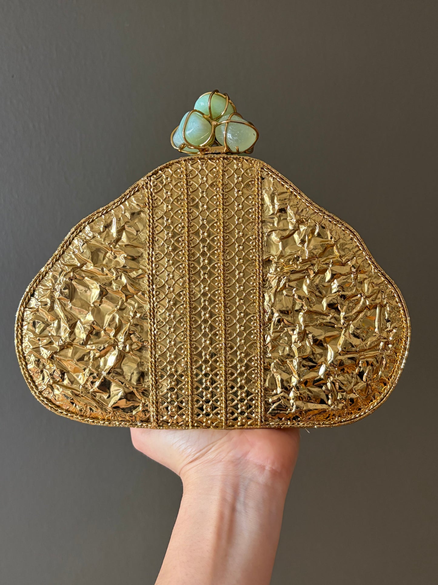 Gold Shell Clutch | Abalone Inlay, Aqua Stone Clasp Evening Bag