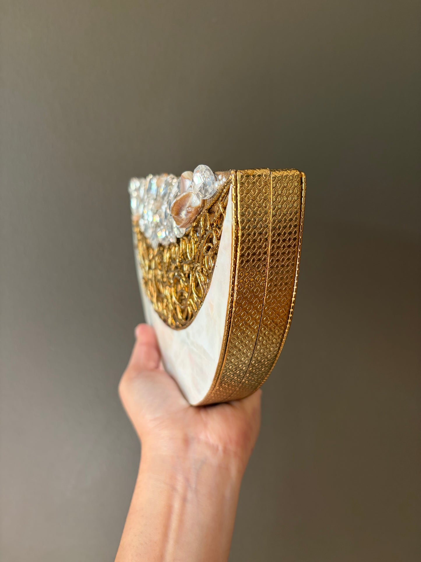 Mother of Pearl Half Moon Clutch – Gold Crystal Evening Handbag