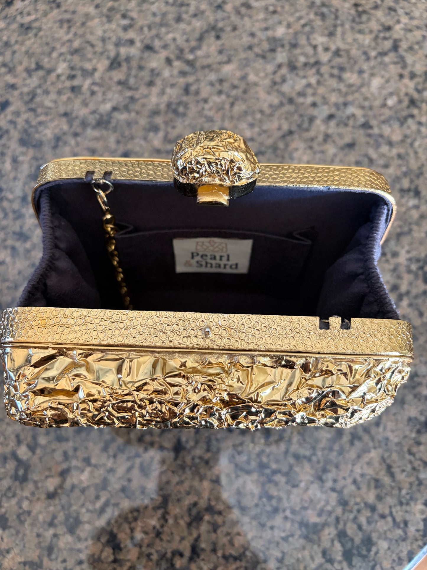 Sculpted Gold Textured Clutch With Authentic Abalone Shell Centerpiece