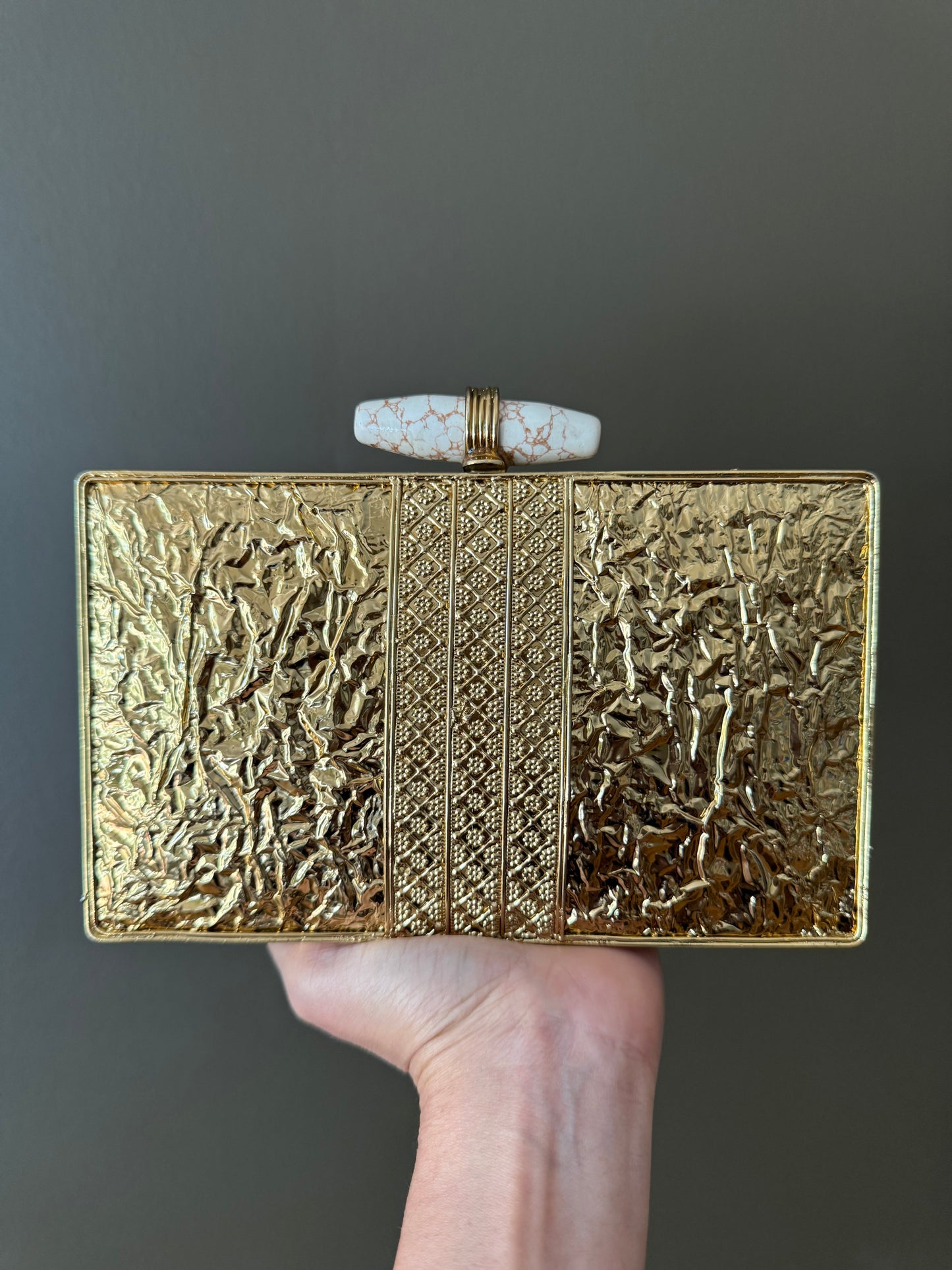 Gold Floral Couture Clutch With Pearls, Crystals & Marble Bar Clasp