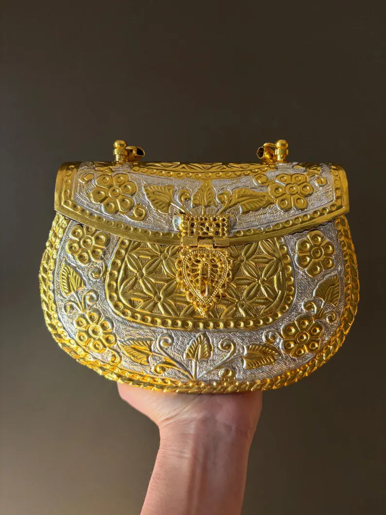 Handcrafted Gold Metal Clutch – Vintage Embossed Statement Evening Bag | Bridal & Wedding Purse
