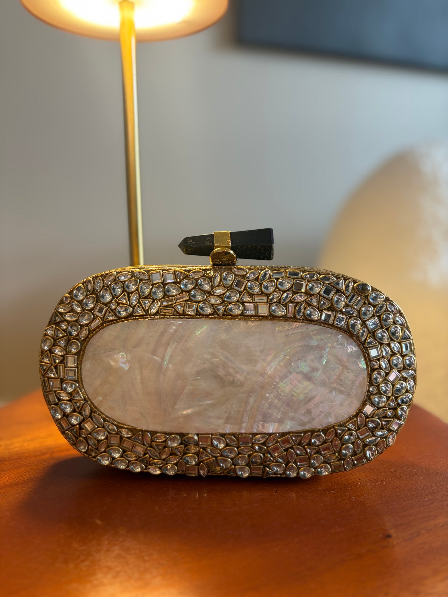 Handmade Mother of Pearl Clutch | Crystal Inlay, Black Stone Clasp