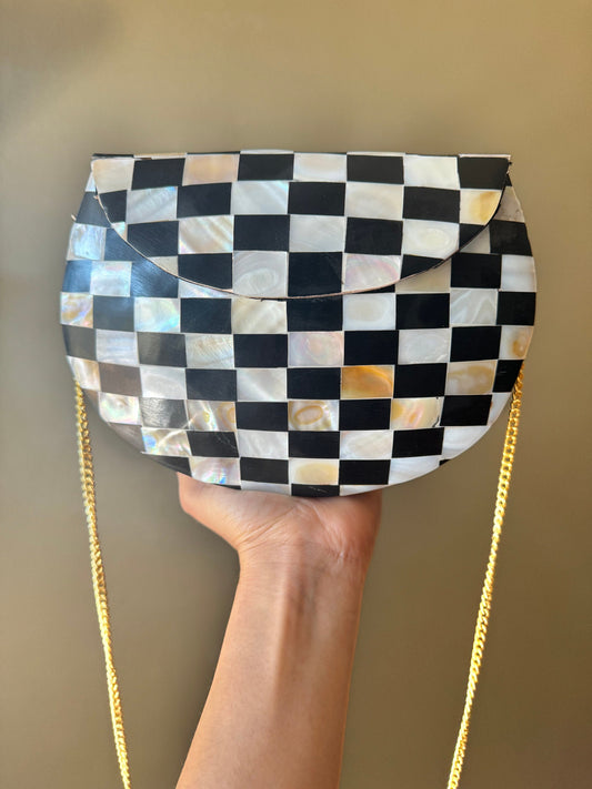 Chic Checkerboard Mother-of-Pearl Clutch - Artisan Crafted in India, Luxurious Evening Accessory, Mother-of-Pearl Evening Clutch  Gold Chain