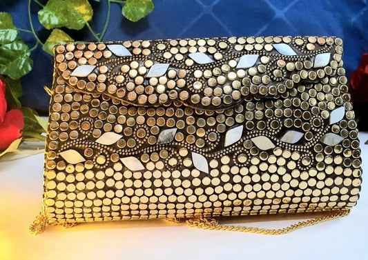Handmade Mosaic Clutch Purse – Golden Metal Sling Bag, Indian Vintage-Inspired Evening Accessory. Wedding Evening Accessory. Festive Clutch