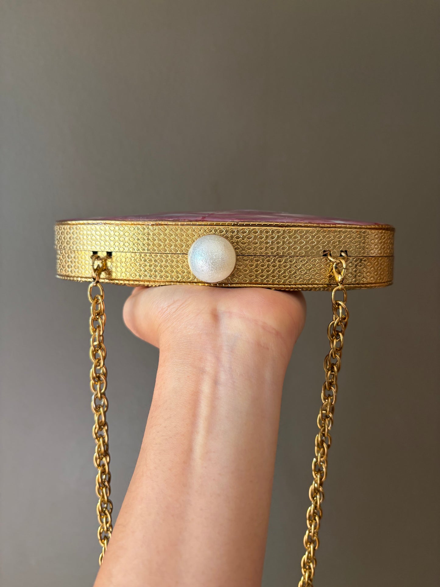 Handcrafted Gold and Pink Iridescent Shell Evening Clutch | Dual-Sided Luxury Purse with Chain | Perfect for Weddings & Special Events.