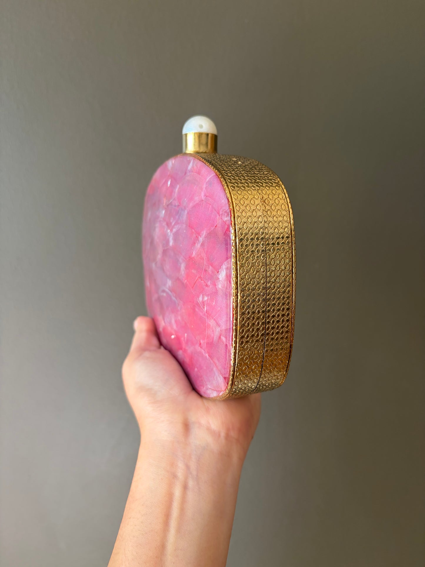 Handcrafted Gold and Pink Iridescent Shell Evening Clutch | Dual-Sided Luxury Purse with Chain | Perfect for Weddings & Special Events.