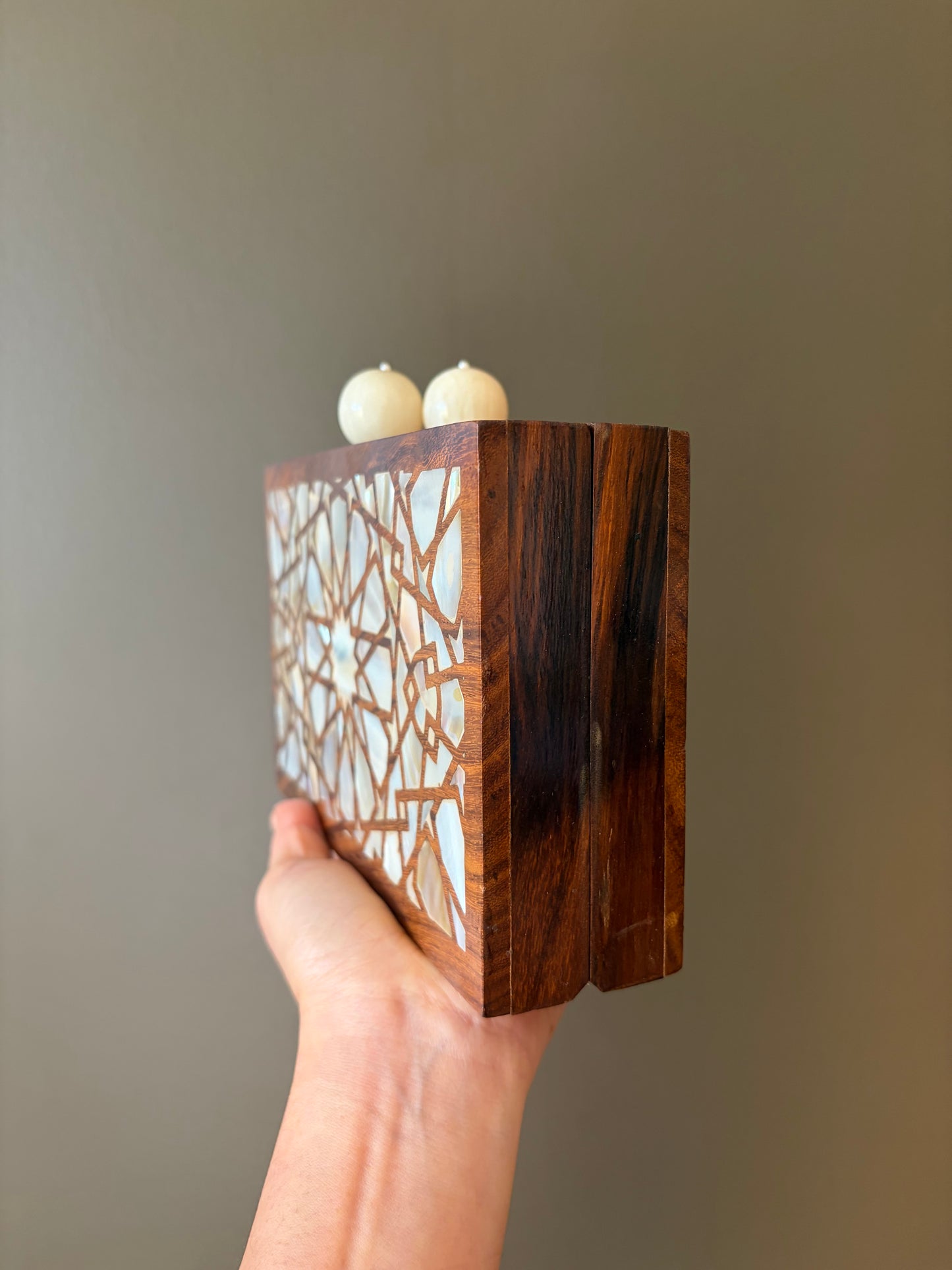 Handcrafted Wooden Mother of Pearl Clutch | Geometric Inlay Box Purse | Luxury Evening Bag with Gold Chain