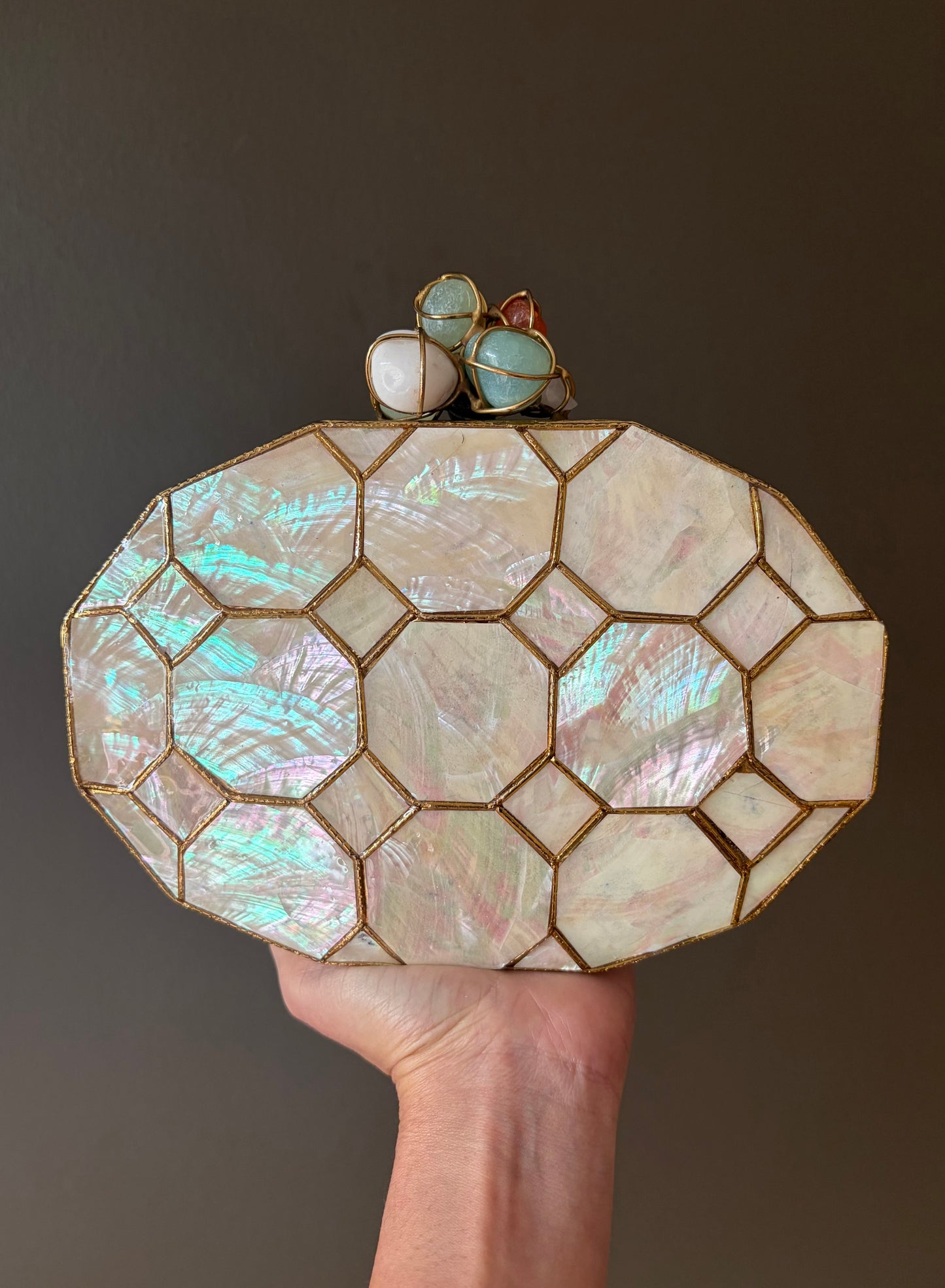 Mother of Pearl Clutch • Gold Gemstone Bridal Evening Bag