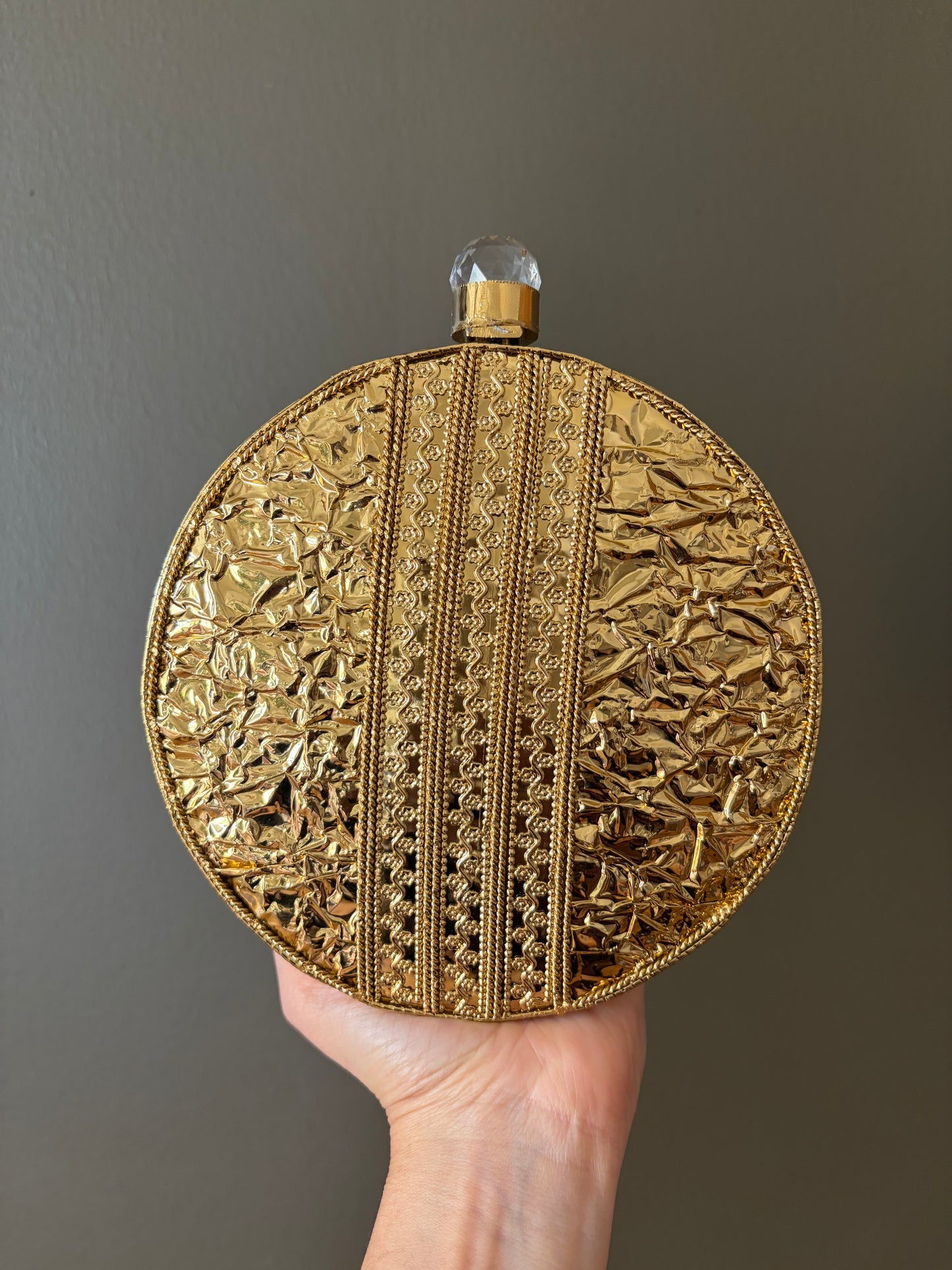 Crystal Rhinestone Round Clutch • Gold Textured Evening Bag