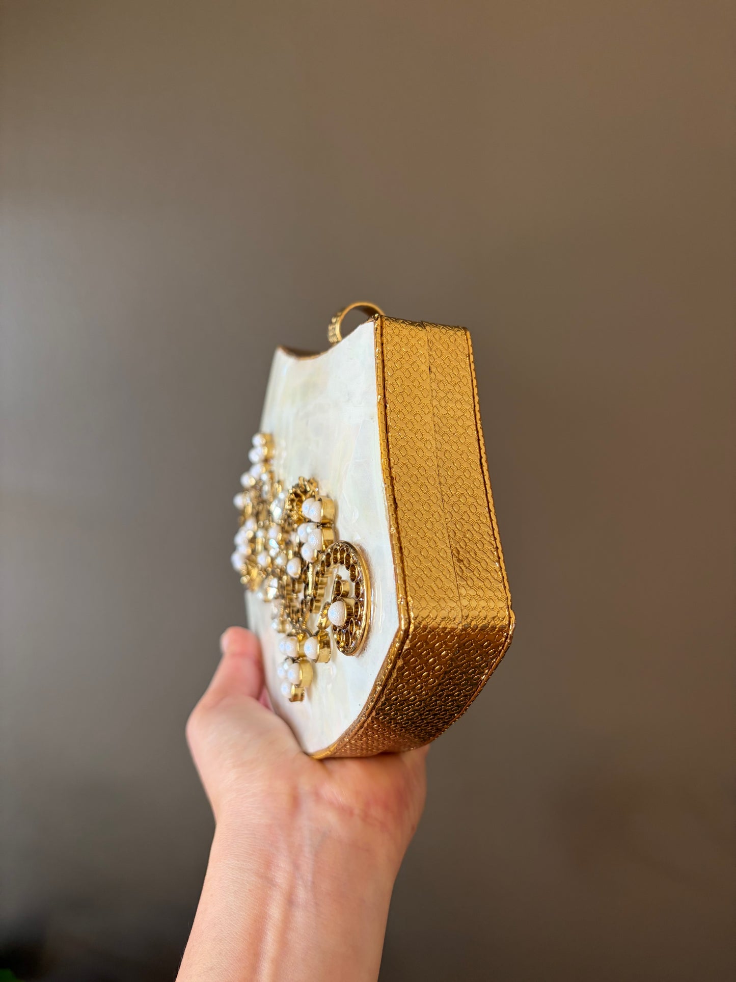 Mother-of-Pearl Gold Embellished Clutch Purse with Pearls & Floral Detailing