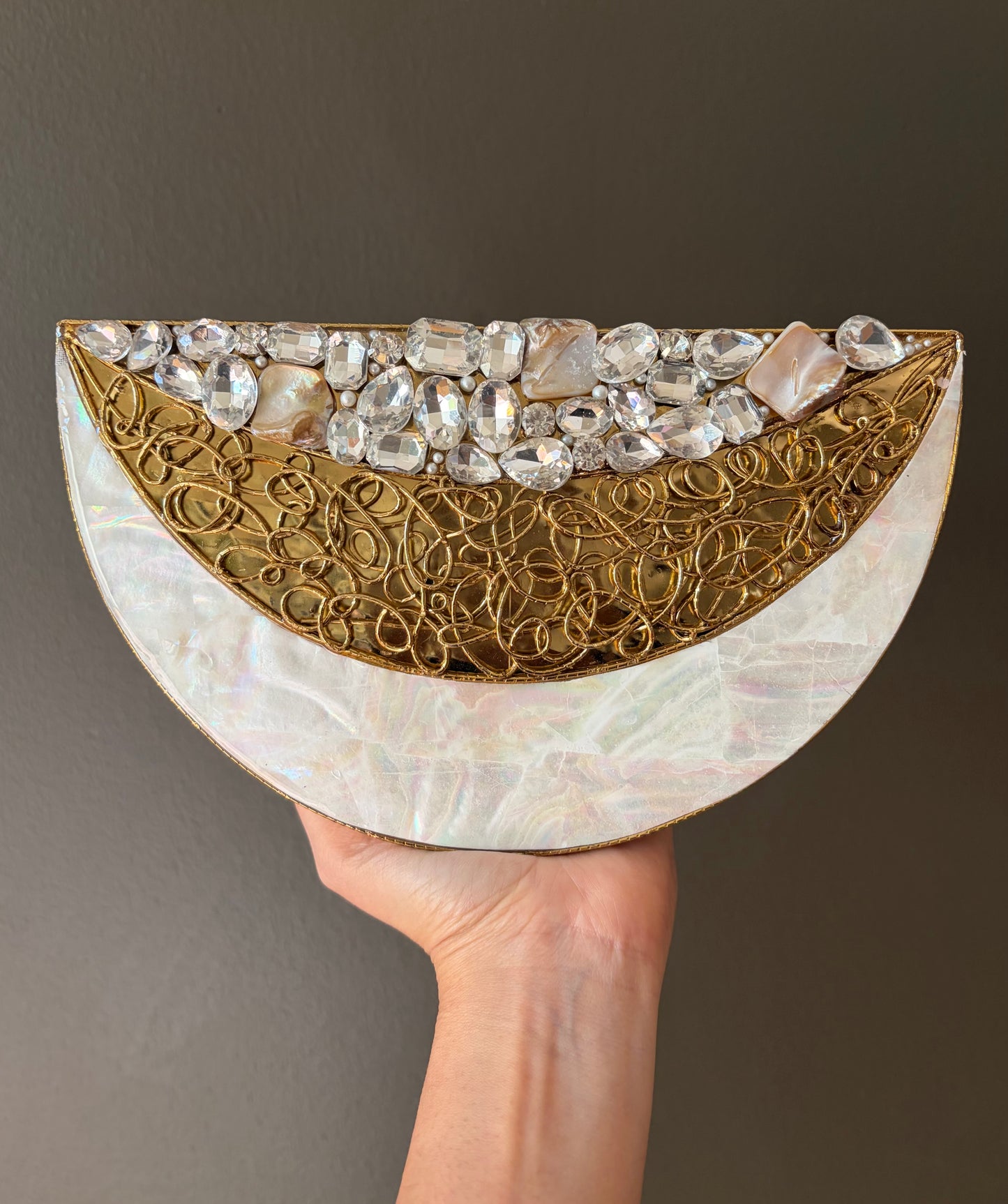 Mother of Pearl Half Moon Clutch – Gold Crystal Evening Handbag
