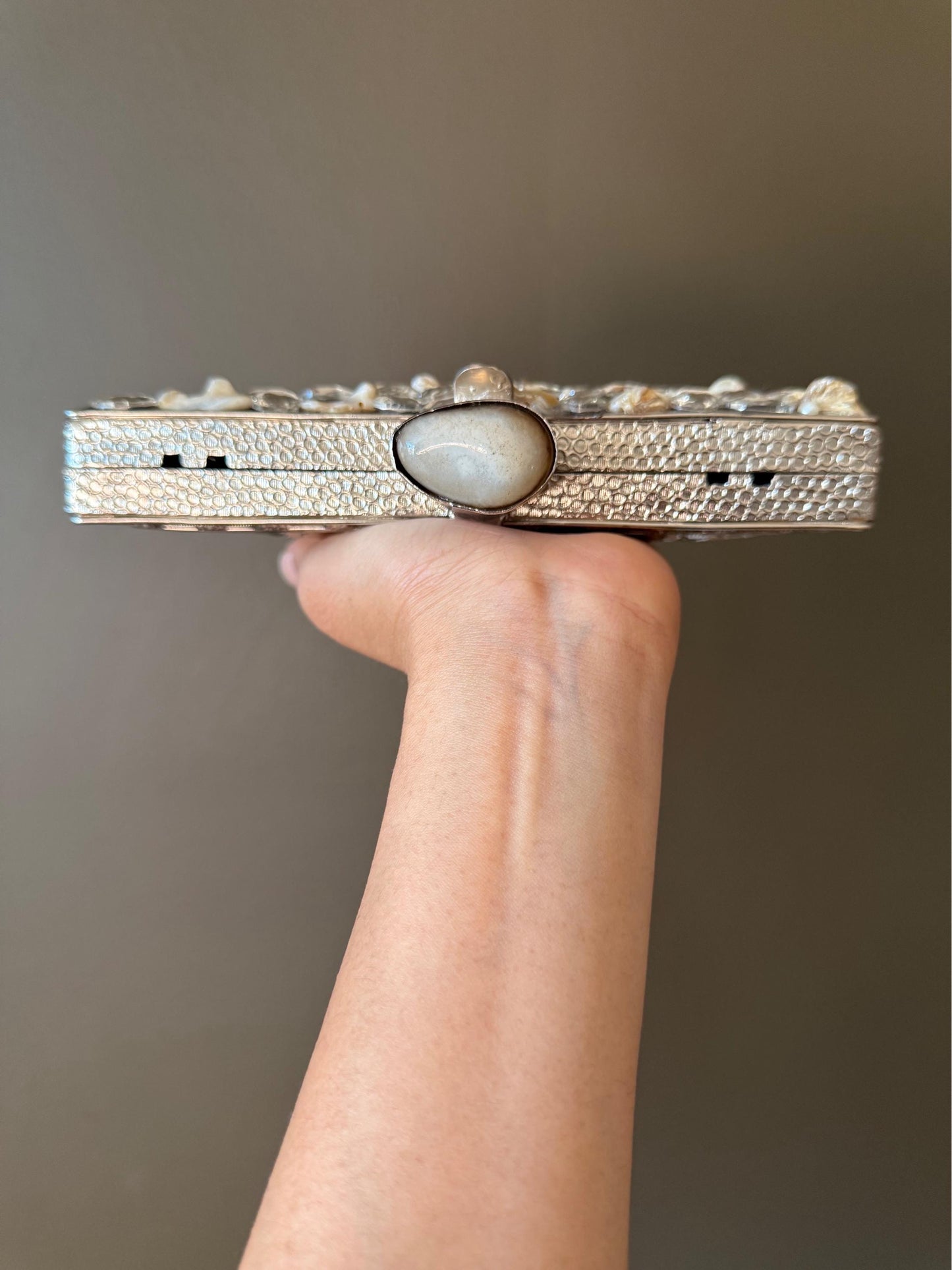 Elegant Handmade Clutch Purse - Mother of Pearl & Crystal Embellished, Silver Metal Frame, Chain Strap - Unique Evening Bag, Gift Ready