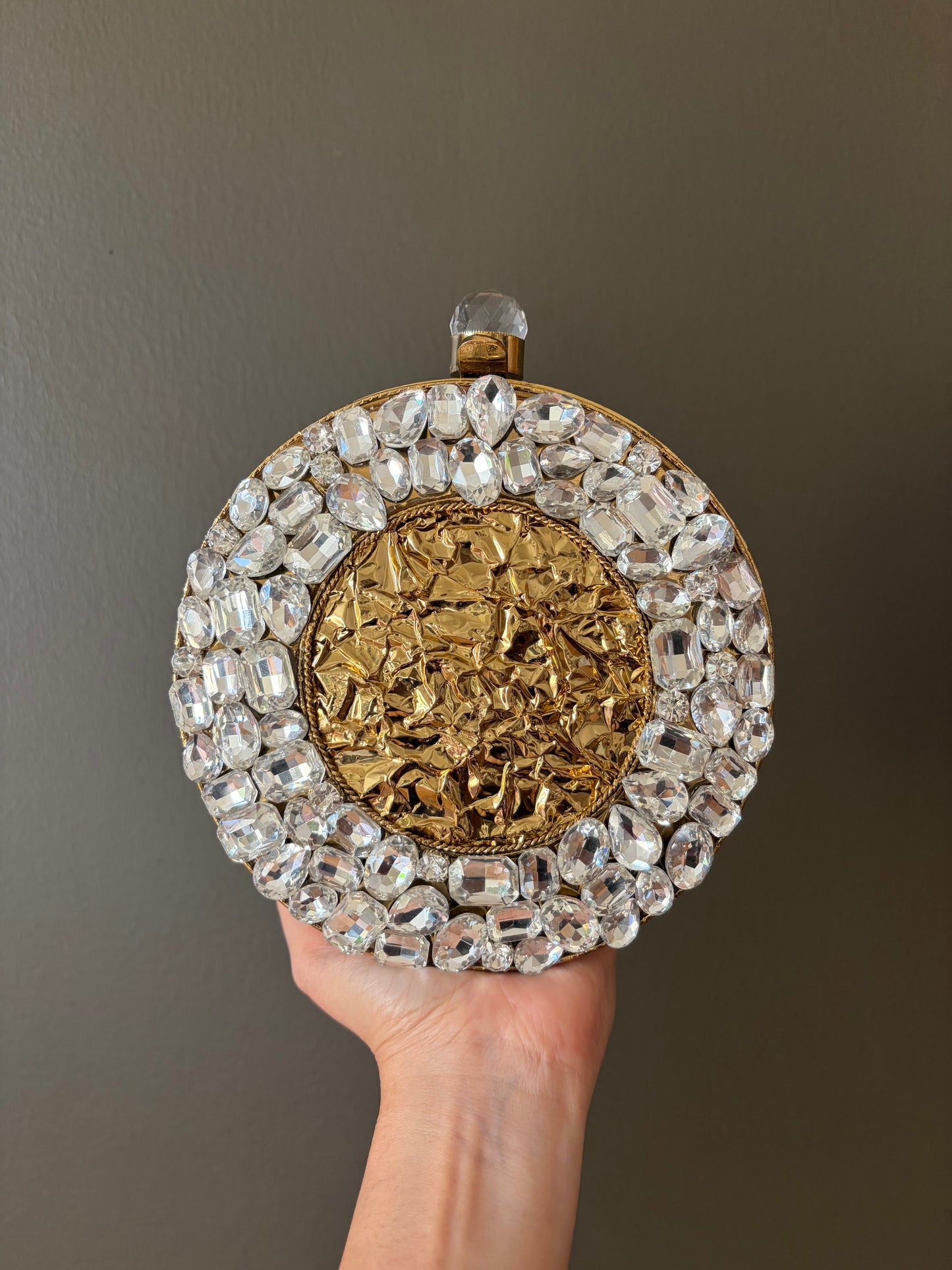 Crystal Rhinestone Round Clutch • Gold Textured Evening Bag
