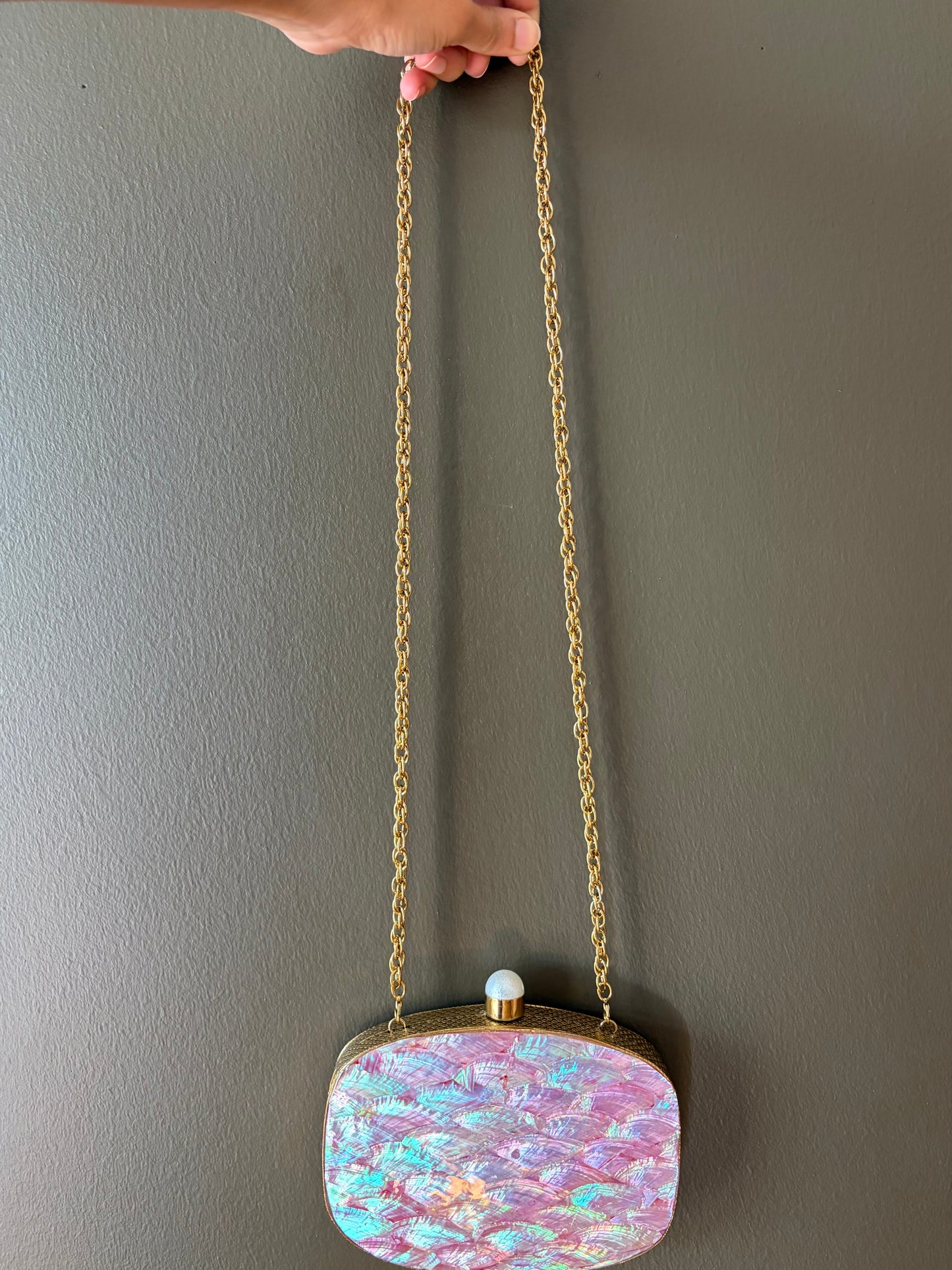 Handcrafted Gold and Pink Iridescent Shell Evening Clutch | Dual-Sided Luxury Purse with Chain | Perfect for Weddings & Special Events.