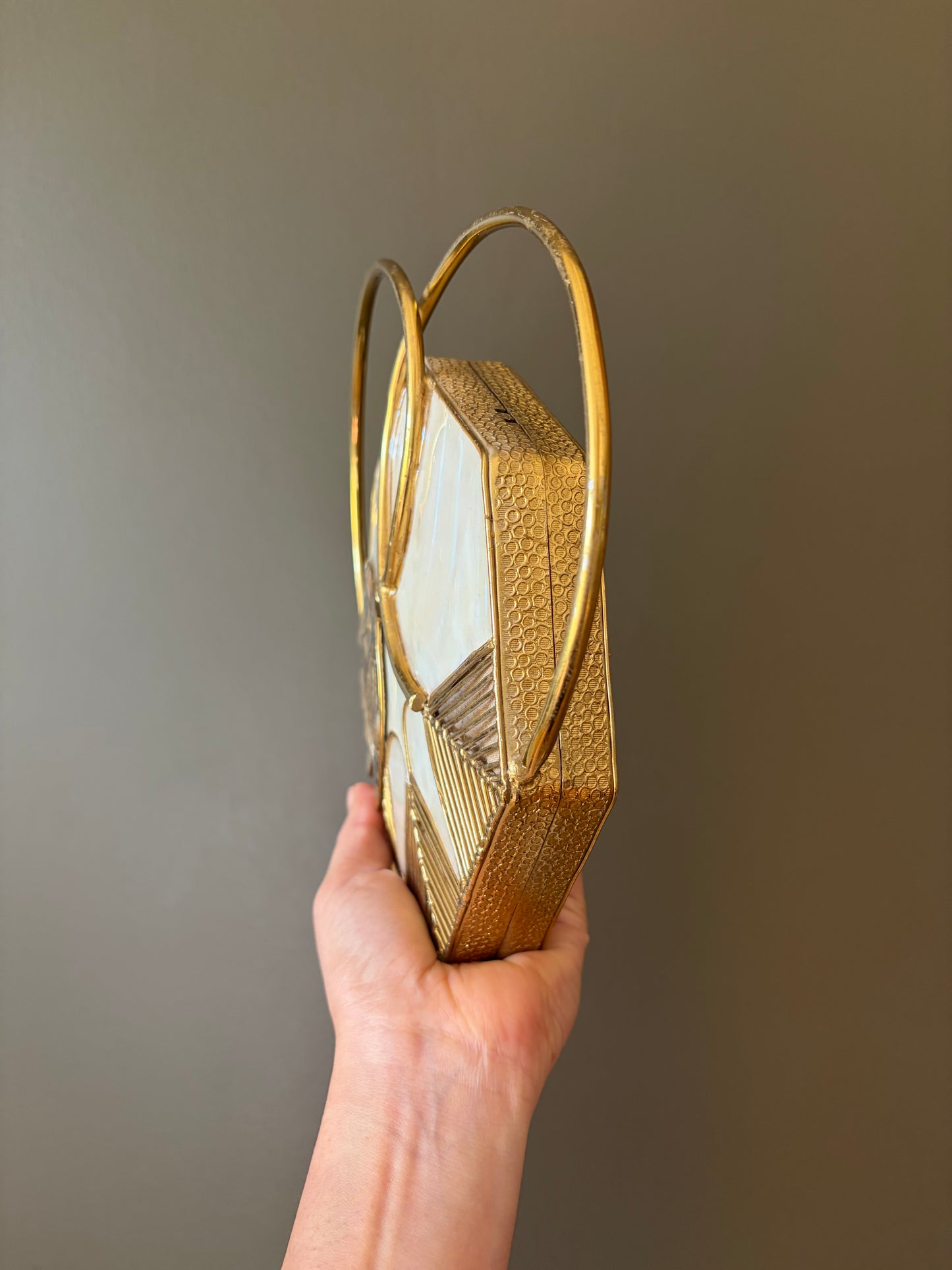 Art Deco Mother-of-Pearl Hexagon Clutch With Dual Gold Rings & Abalone Inlay
