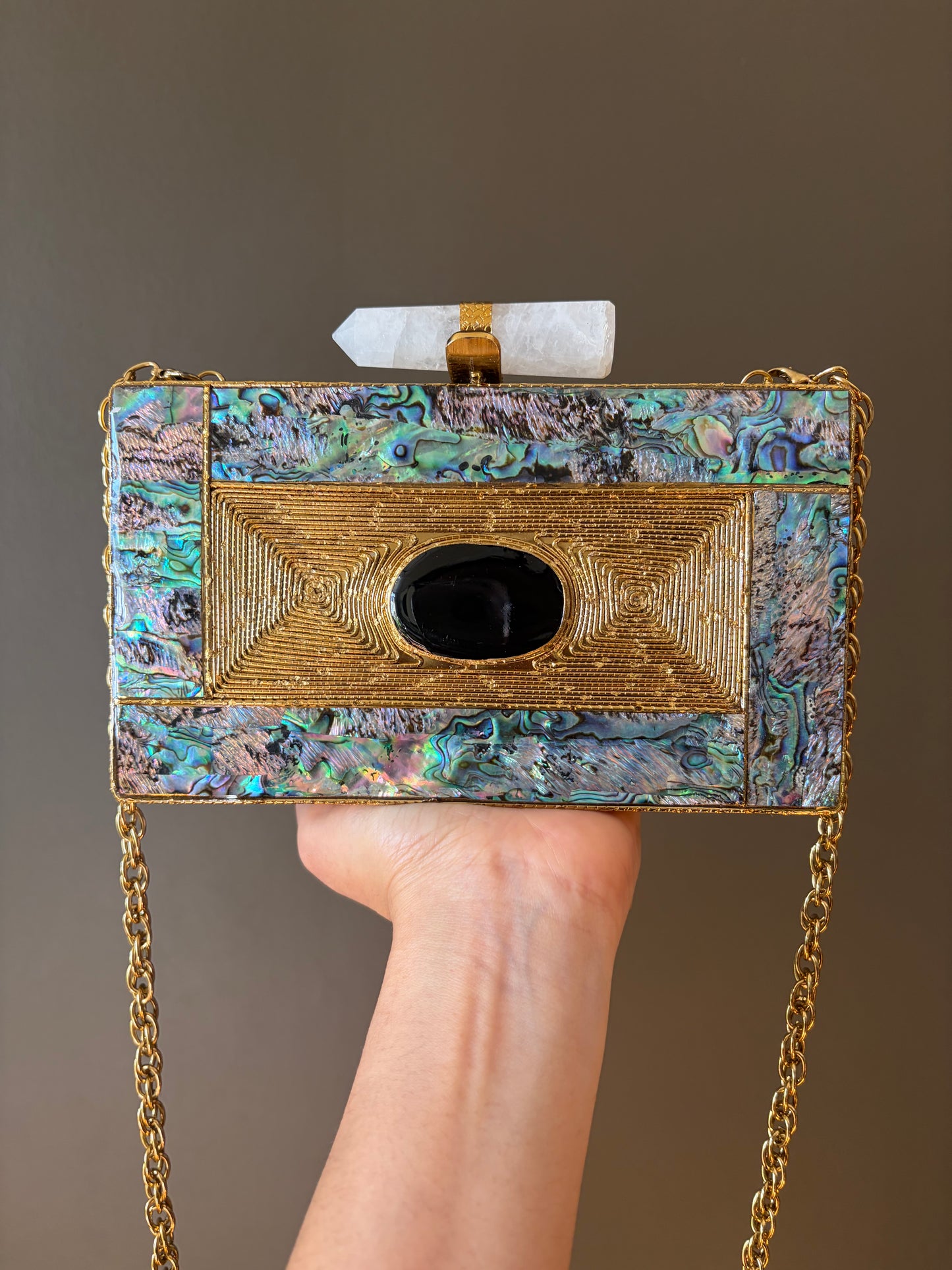 Abalone Shell Gold Clutch with Crystal Handle