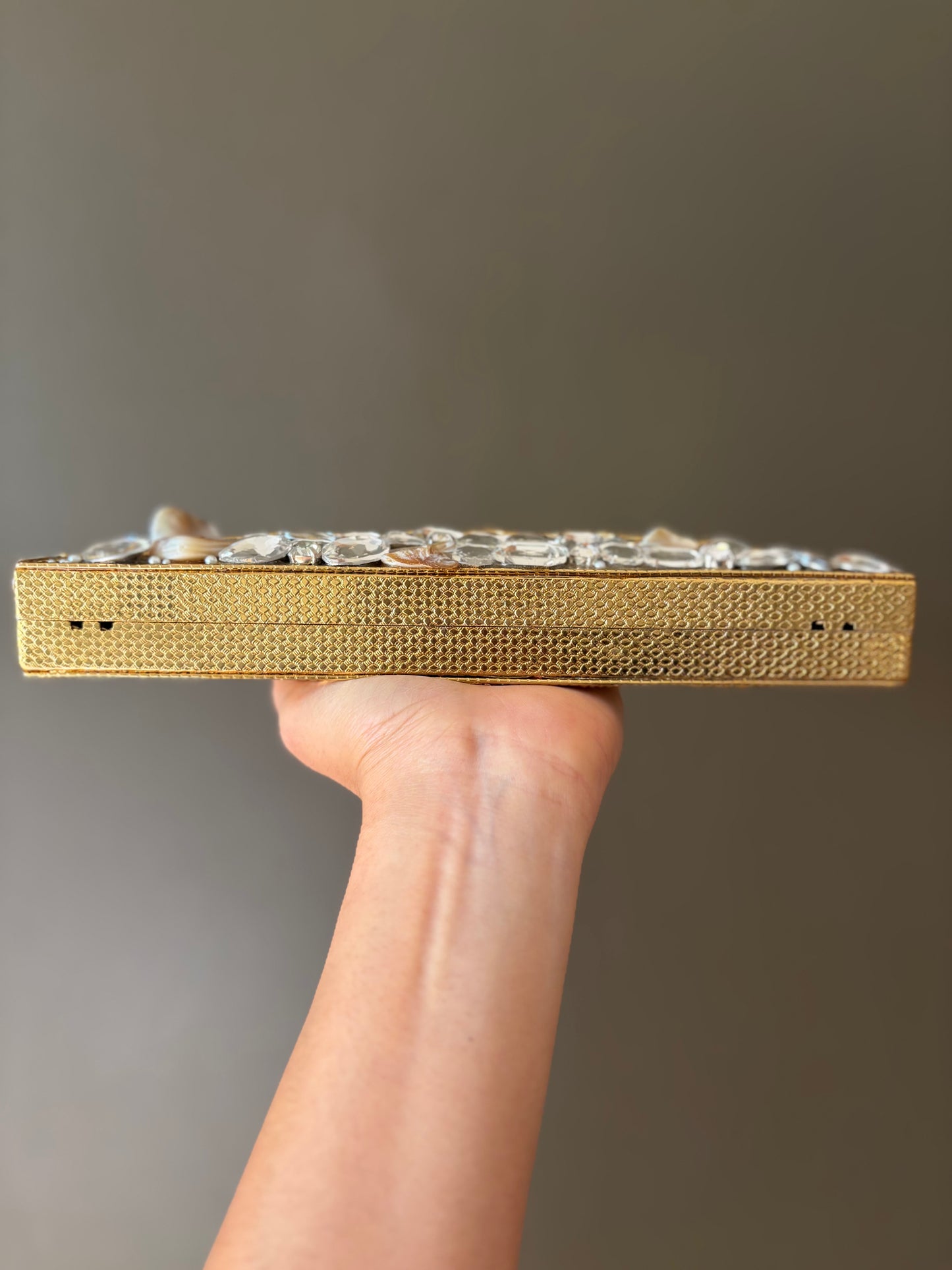Mother of Pearl Half Moon Clutch – Gold Crystal Evening Handbag