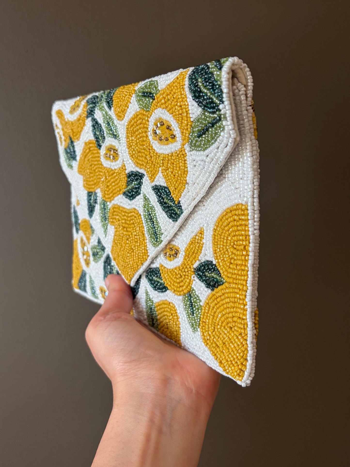 Handmade Lemon Beaded Clutch – Yellow Citrus Crossbody Bag