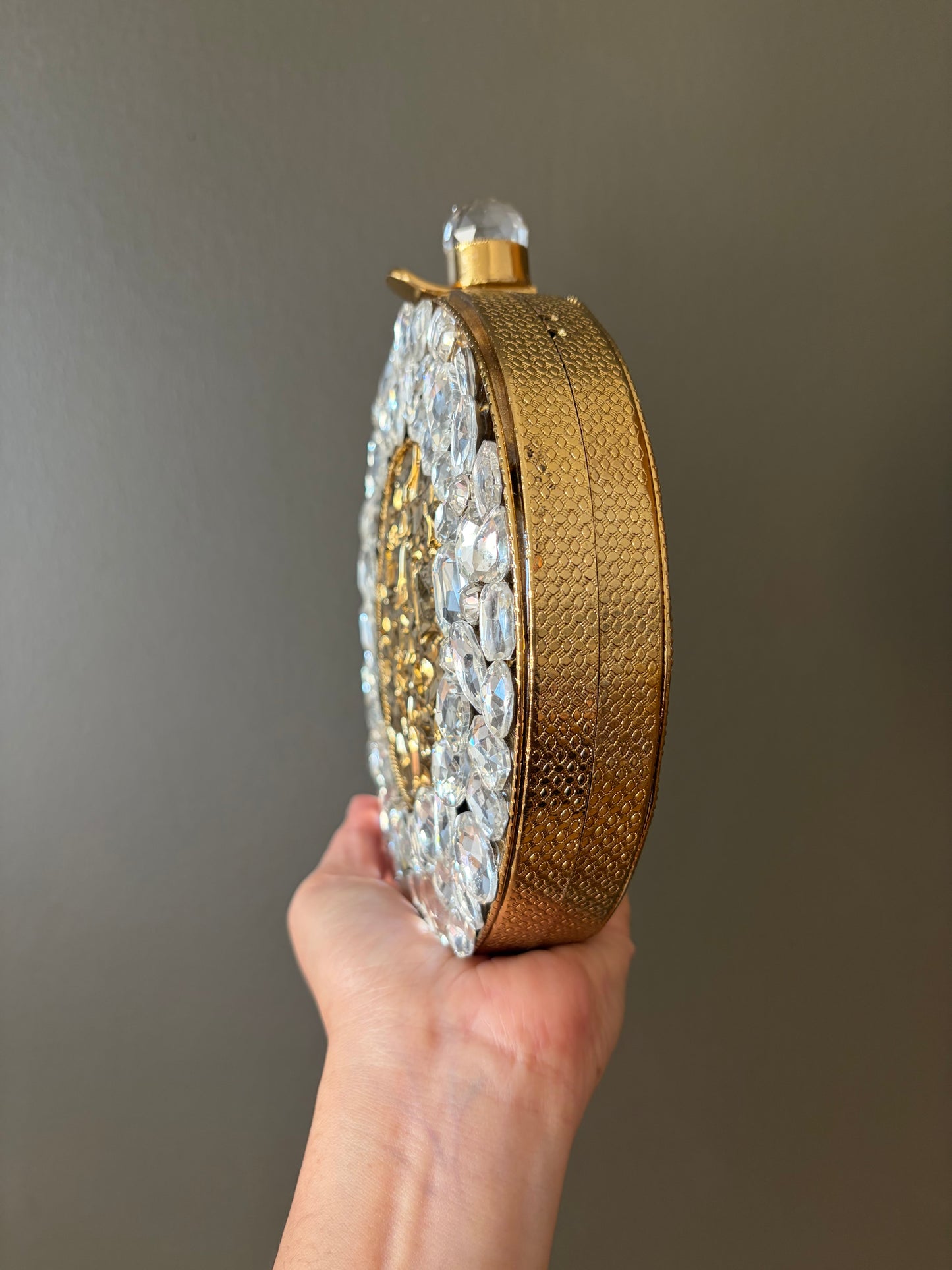 Crystal Rhinestone Round Clutch • Gold Textured Evening Bag