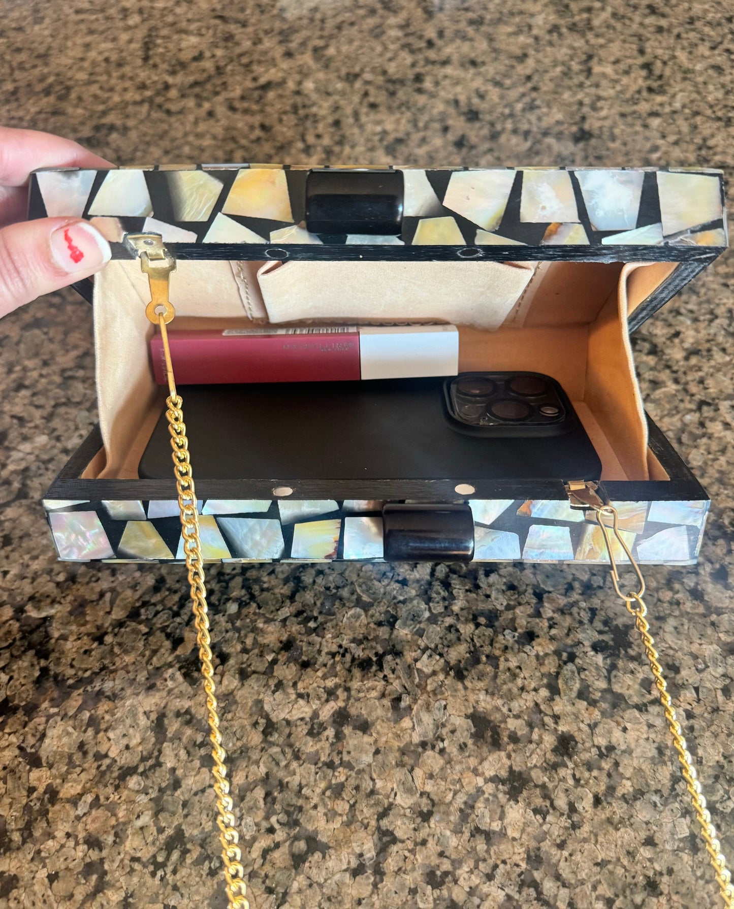 Exquisite Mahogany & Mother of Pearl Clutch | Luxurious Evening Bag with Gold Chain Strap and Resin Overcoat | Wedding and Special Occasion