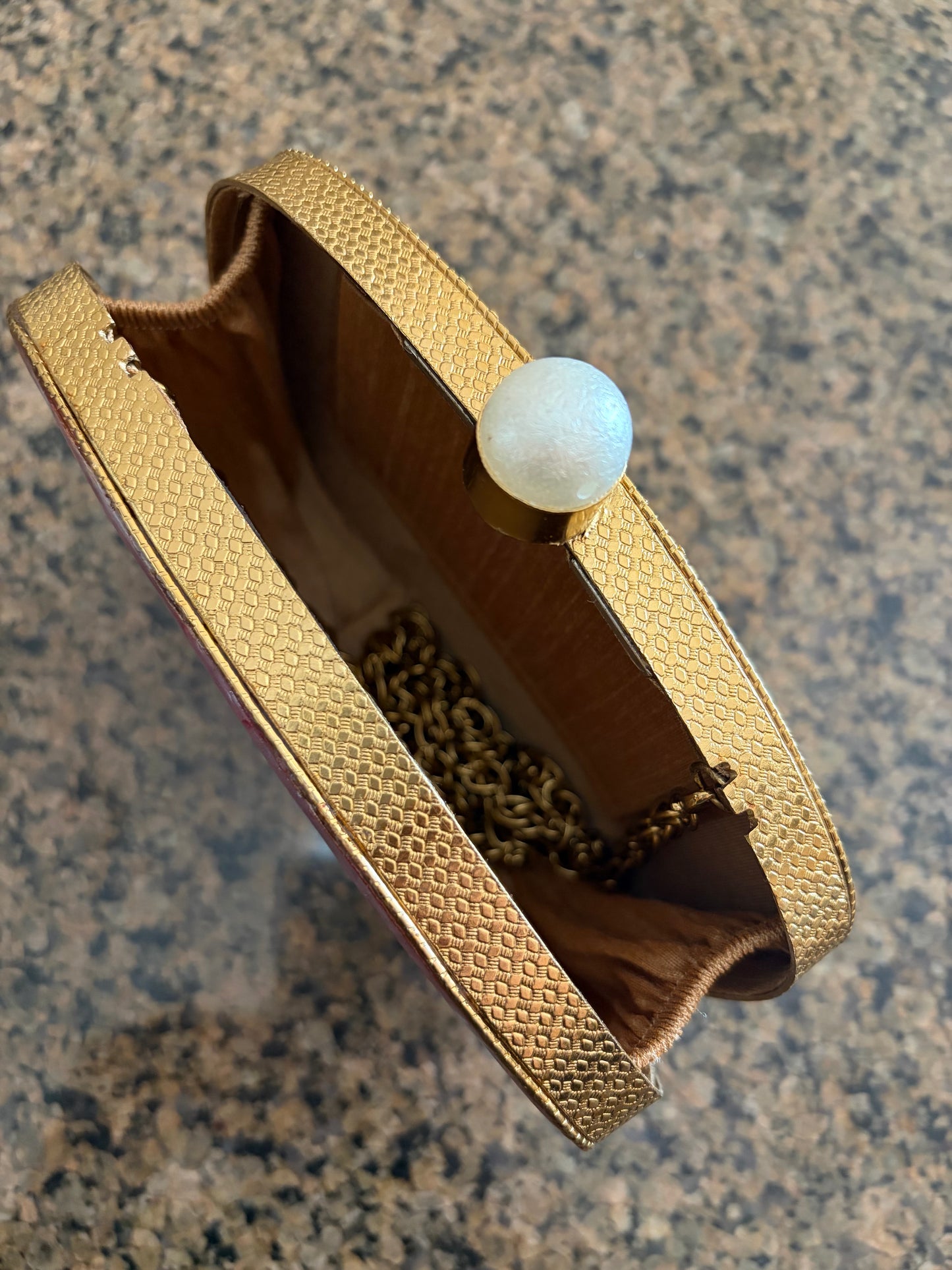 Handcrafted Gold and Pink Iridescent Shell Evening Clutch | Dual-Sided Luxury Purse with Chain | Perfect for Weddings & Special Events.