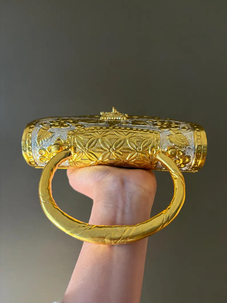 Handcrafted Gold Metal Clutch – Vintage Embossed Statement Evening Bag | Bridal & Wedding Purse