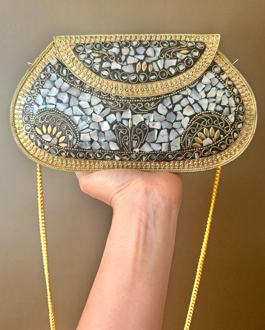 Chic Iridescent Mother-of-Pearl Mosaic Clutch with Elegant Gold Chain - Perfect Evening Accessory, Glamorous Mosaic Handcrafted Clutch