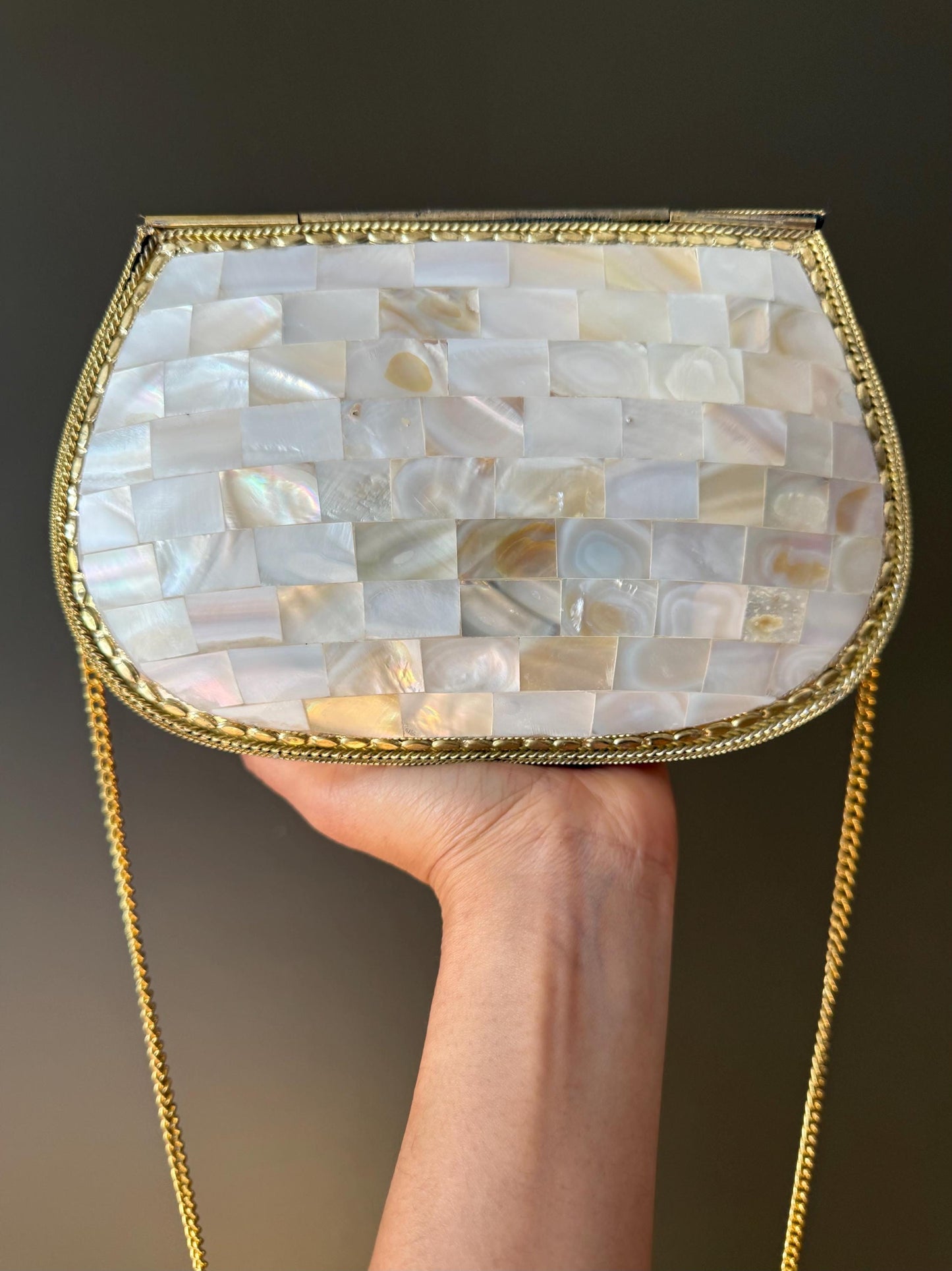 Elegant Mother of Pearl Clutch Purse with Gold Detailing – Vintage Style Evening Bag – Handmade Shell Bag – Perfect for Special Occasions