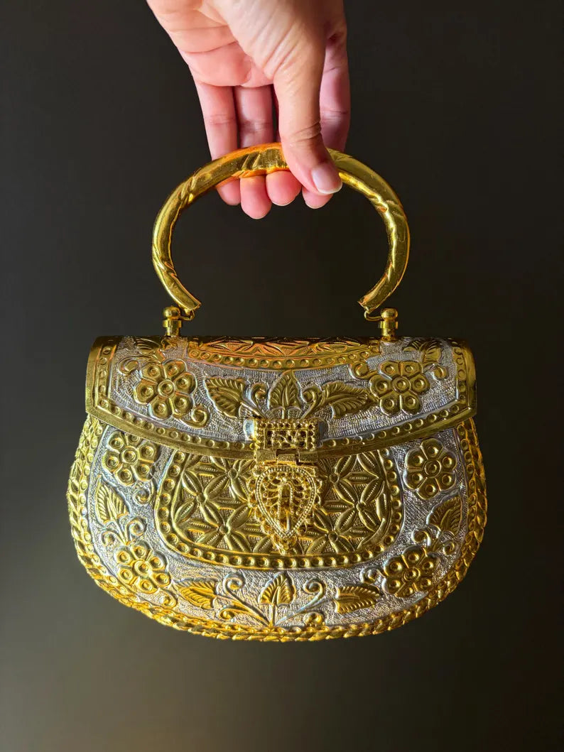 Handcrafted Gold Metal Clutch – Vintage Embossed Statement Evening Bag | Bridal & Wedding Purse