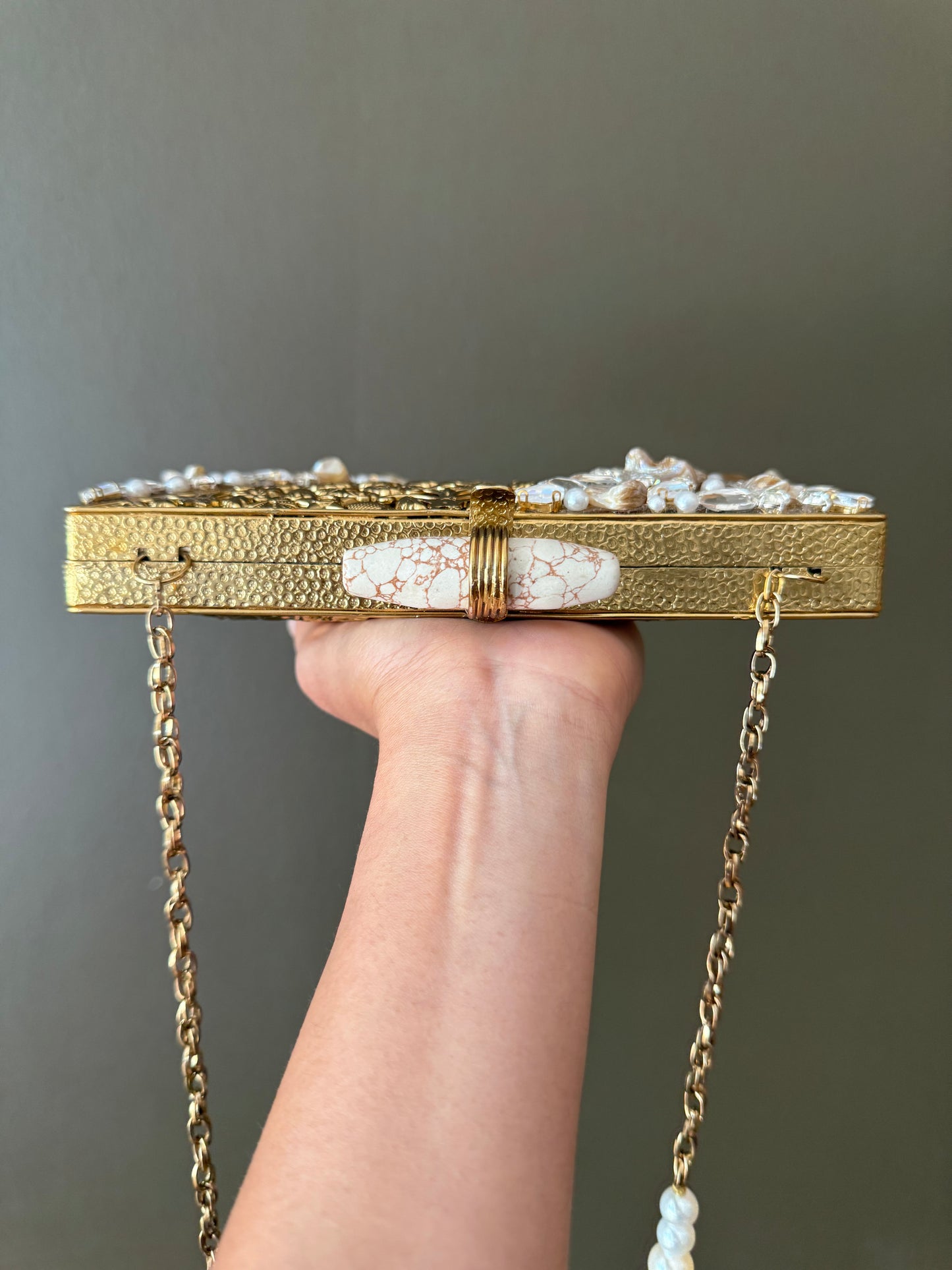 Gold Floral Couture Clutch With Pearls, Crystals & Marble Bar Clasp