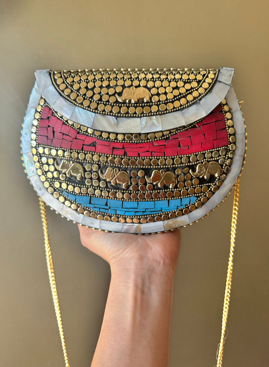 Bohemian Chic Mother-of-Pearl Mosaic Clutch with Vintage Accents - Vintage Inspired Evening Handbag