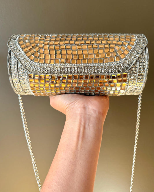 Sparkling Gold Mosaic Evening Clutch Bag with Chain Strap - Perfect for Weddings and Parties. Luxury Clutch. Metal Purse. Vintage Clutch