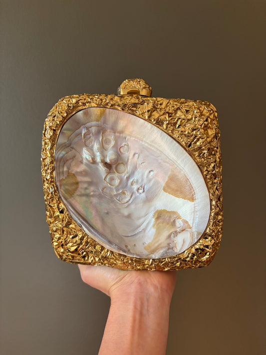 Sculpted Gold Textured Clutch With Authentic Abalone Shell Centerpiece