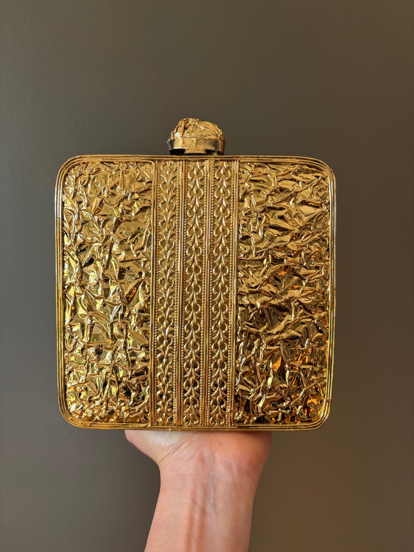 Sculpted Gold Textured Clutch With Authentic Abalone Shell Centerpiece