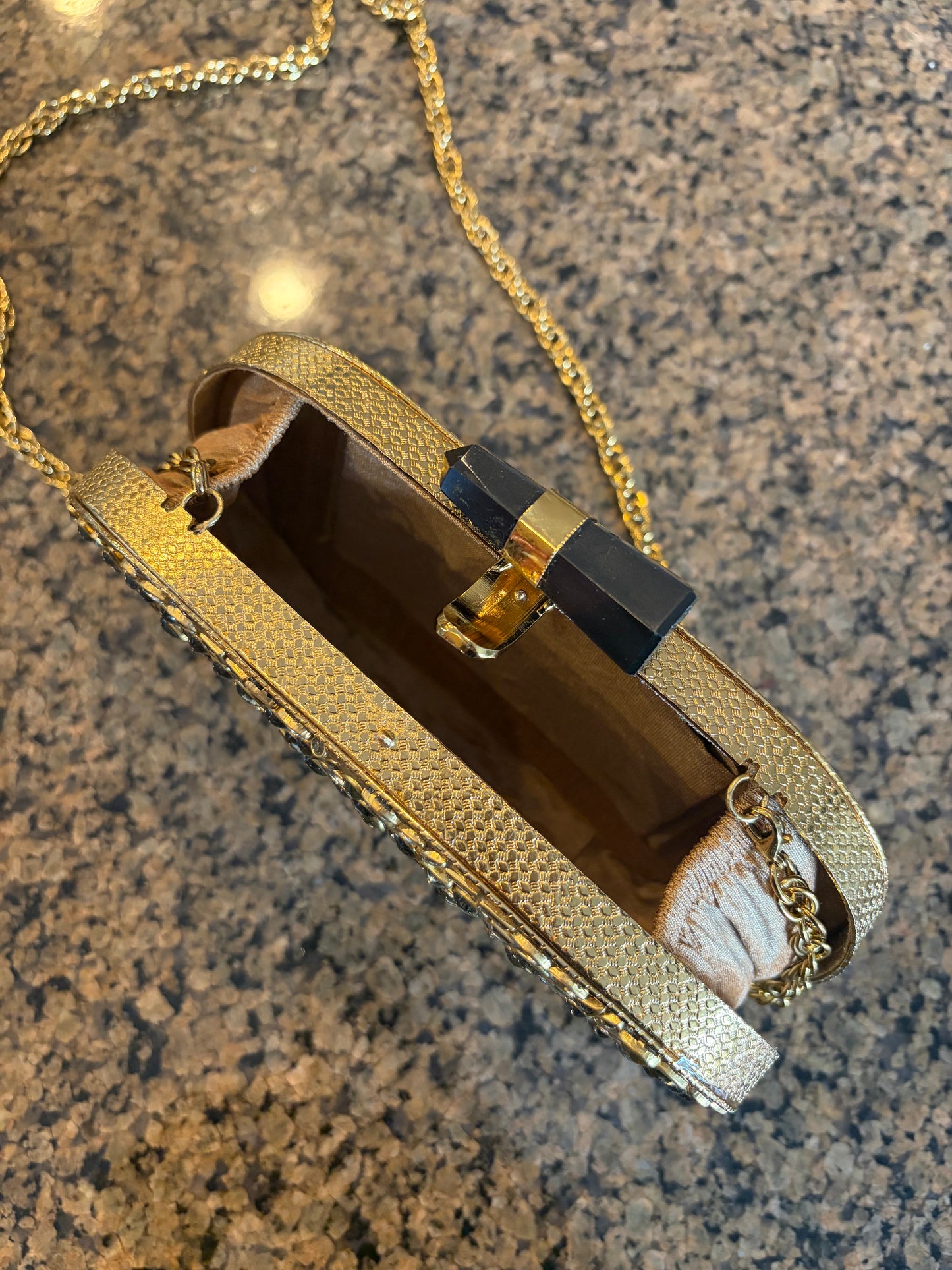 Handmade Mother of Pearl Clutch | Crystal Inlay, Black Stone Clasp