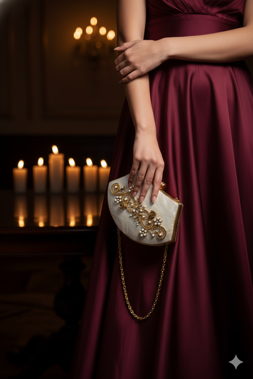 Mother-of-Pearl Gold Embellished Clutch Purse with Pearls & Floral Detailing