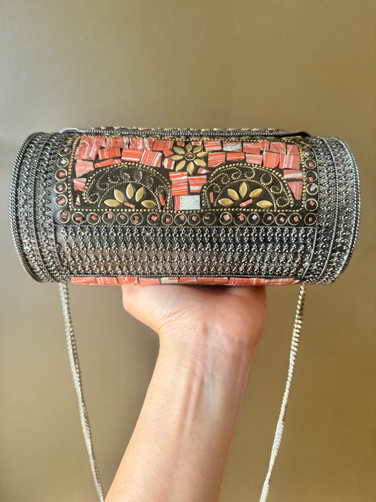 Chic Orange Mosaic Clutch with Vintage Silver Detailing and Chain Strap, Cultural Chic: Handcrafted Mosaic Evening Clutch,Exotic Elegant Bag