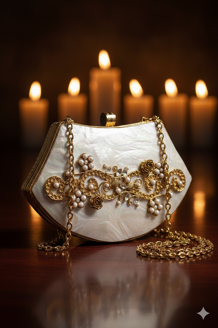 Mother-of-Pearl Gold Embellished Clutch Purse with Pearls & Floral Detailing