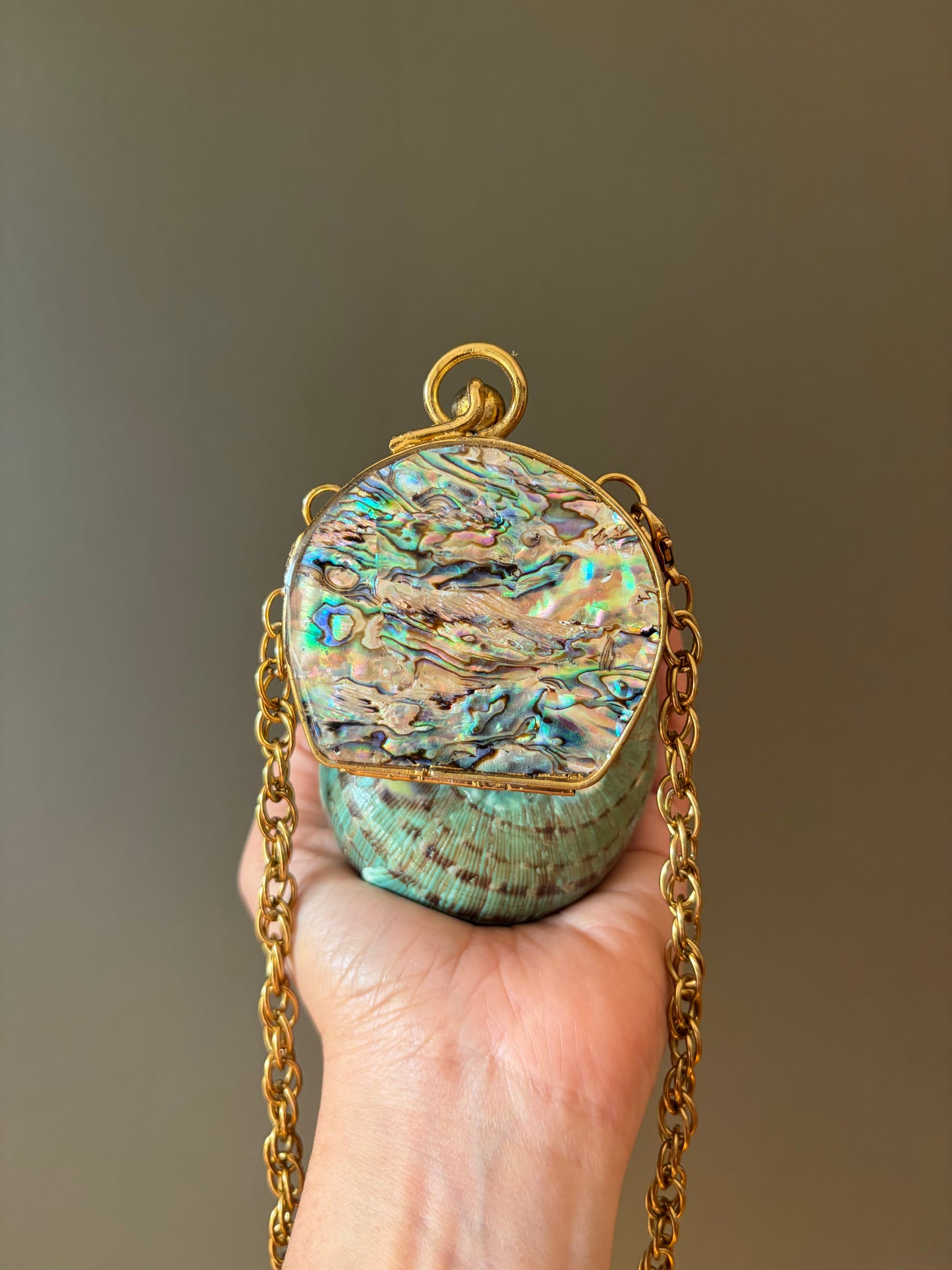 Turquoise Spiral Seashell Clutch With Abalone Endcap & Gold Hardware (Mini clutch)