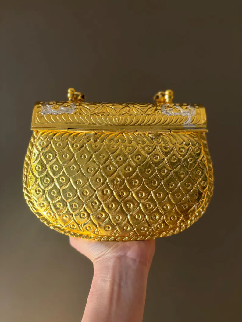 Handcrafted Gold Metal Clutch – Vintage Embossed Statement Evening Bag | Bridal & Wedding Purse